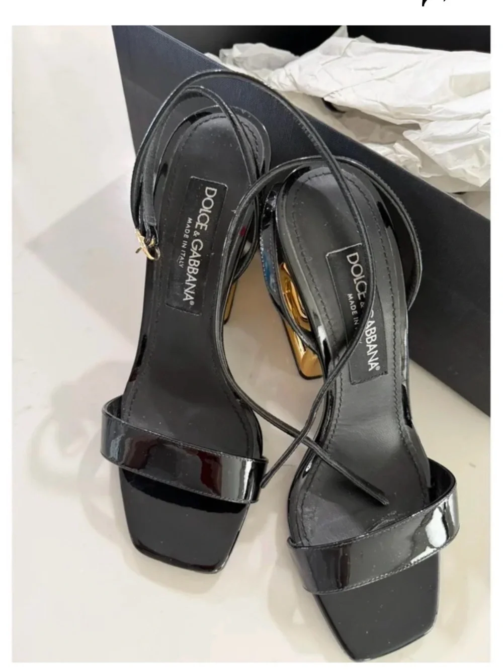 Dolce & Gabbana Black Patent Slingback Sandals with Gold Sculptural Heel
